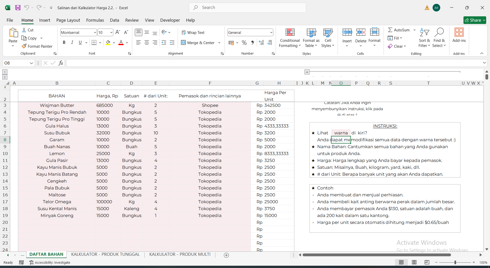 05a Cara Menghitung HPP Produk Makanan UMKM Otomatis di Exceltemplate excel