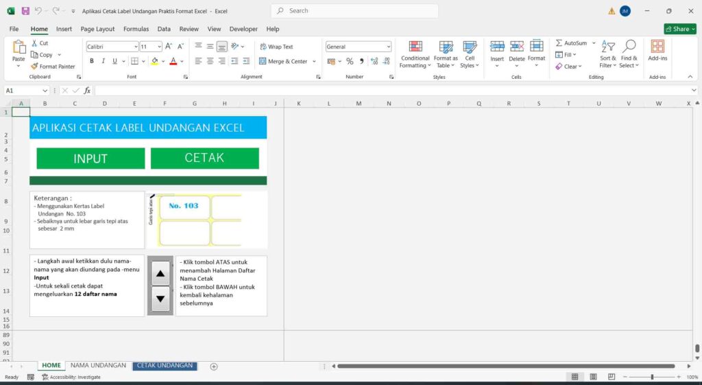 1 halaman depan Program Excel Cetak Nama Undangan Label 103 Otomatis