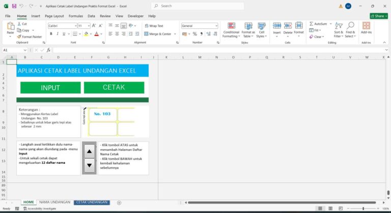 1 halaman depan Program Excel Cetak Nama Undangan Label 103 Otomatis