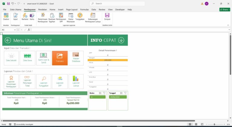 1 halaman home Aplikasi Pembayaran SPP Sekolah dengan Excel
