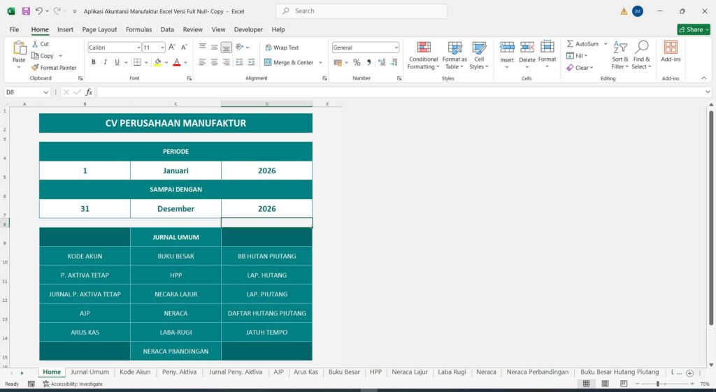 1 halaman home aplikasi akuntansi manufaktur excel