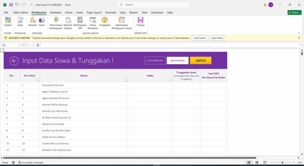 3 laporan tunggakan Aplikasi Pembayaran SPP Sekolah dengan Excel