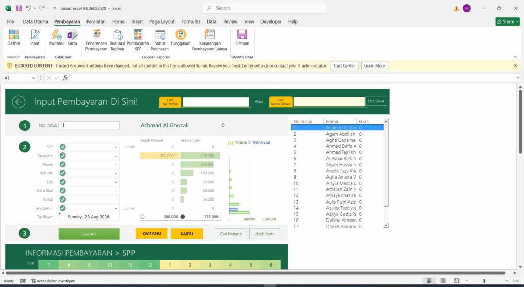4 input pembayaran Aplikasi Pembayaran SPP Sekolah dengan Excel