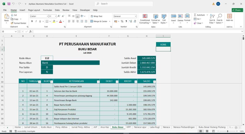 6 halaman buku besar aplikasi akuntansi manufaktur excel