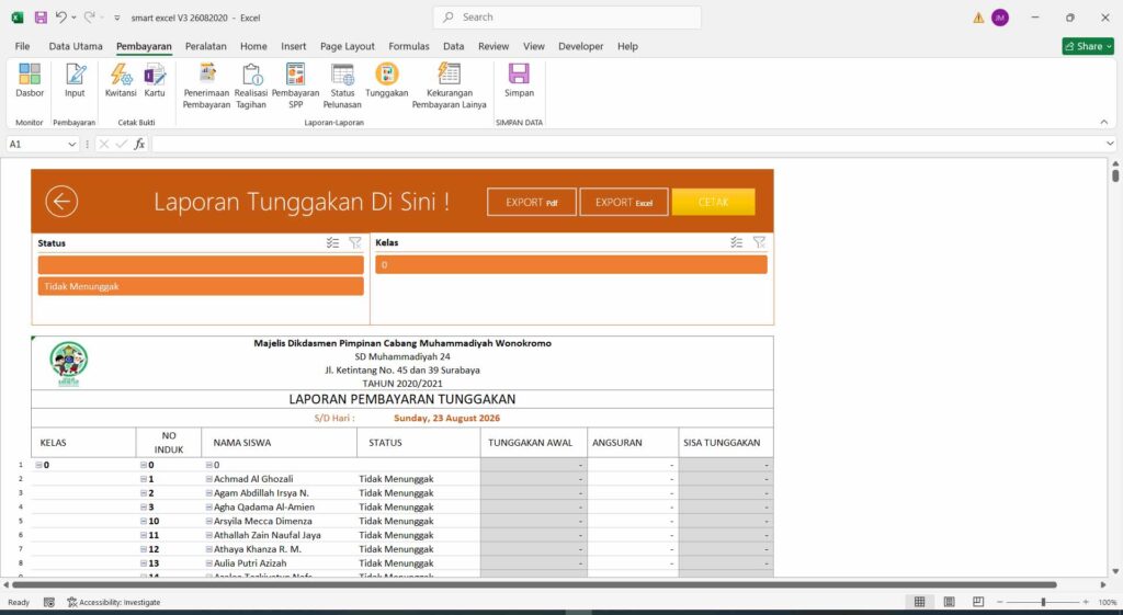 7 laporan tunggakan Aplikasi Pembayaran SPP Sekolah dengan Excel