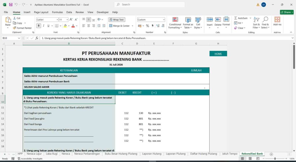 9 halaman rekonsiliasi rekening bank aplikasi akuntansi manufaktur excel